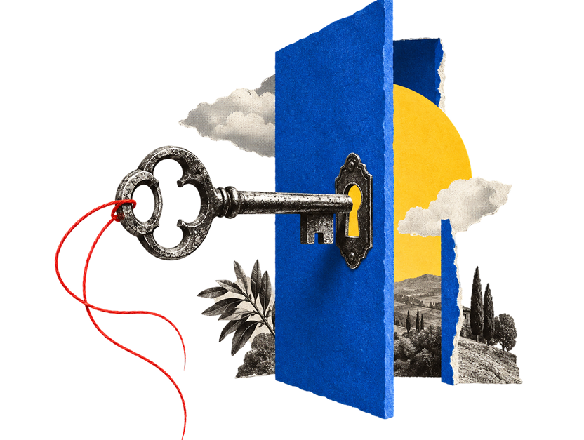 An open blue door with a key